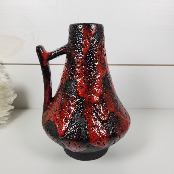 70s West Germany Fat Lava Vase 44-25 | Black & Red Handled Vase | Mid Century - Picture 5 of 12